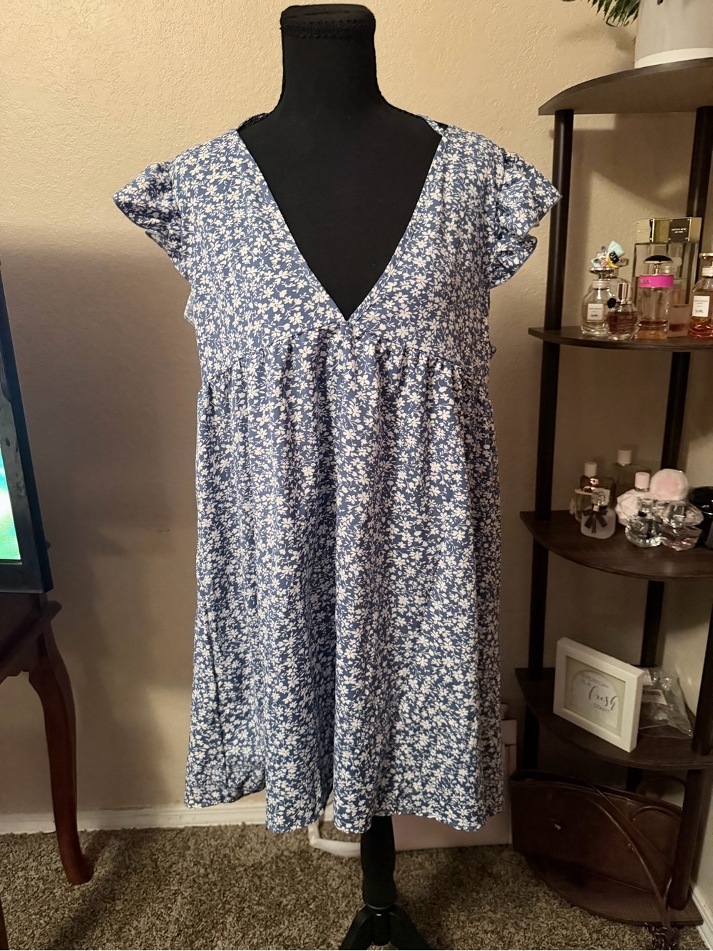 Blue Floral V-Neck Kids Dress - Brand Unknown
